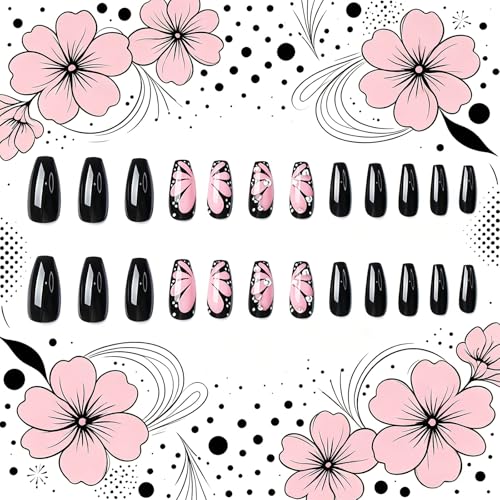 Pink Butterfly Rhinestone Press On Nails - Coffin Style, 24 Pieces, Black & Pink Variations