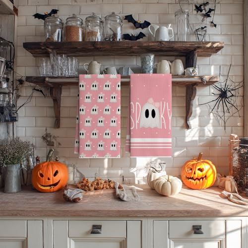 Pink Ghost Halloween Kitchen Towels Set of 2 - 18x26 Microfiber Dish Hand Towels