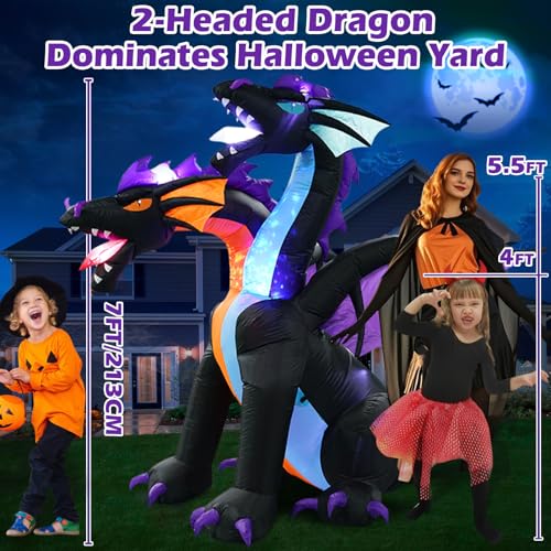 7FT Halloween Inflatable Dragon Decoration - Purple Two-Headed Outdoor Blow Up