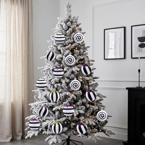 Medoore 24Pcs Gothic Black & White Christmas Ornaments with Purple & Green Glitter Drips - 2.36 Inch Hanging Balls for Halloween Xmas Tree & Party Decor