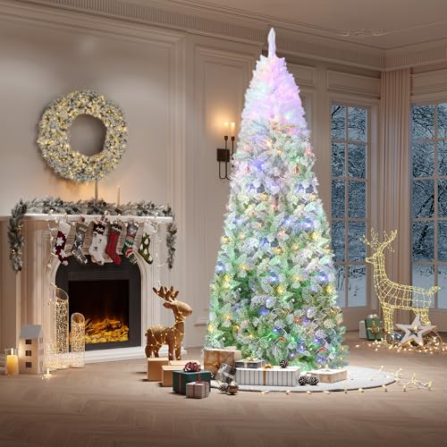 6Ft Slim Artificial Christmas Tree with Pink Green Gradient Flocked Branches - Space-Saving Holiday Decor