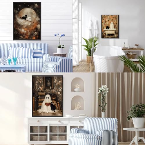 Halloween Ghost Wall Art Set - Gothic Moody Ghosts & Black Cat Poster 24x16 Inches