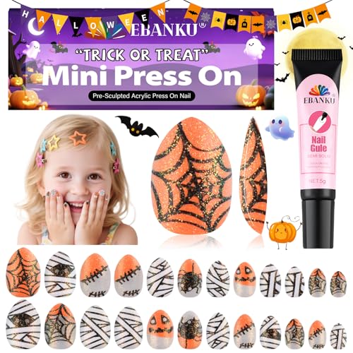 Halloween Kid Press On Nails - Sparkle Almond Fake Nails 24Pcs with Variation of Halloween Sparkle