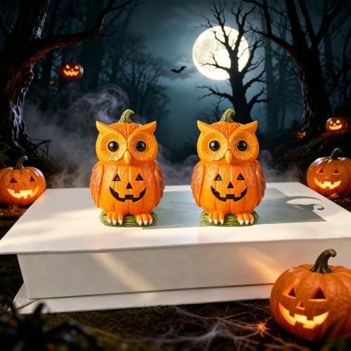 Halloween Pumpkin Owl Resin Decorations Set of 2 - Jack-O'-Lantern Variations
