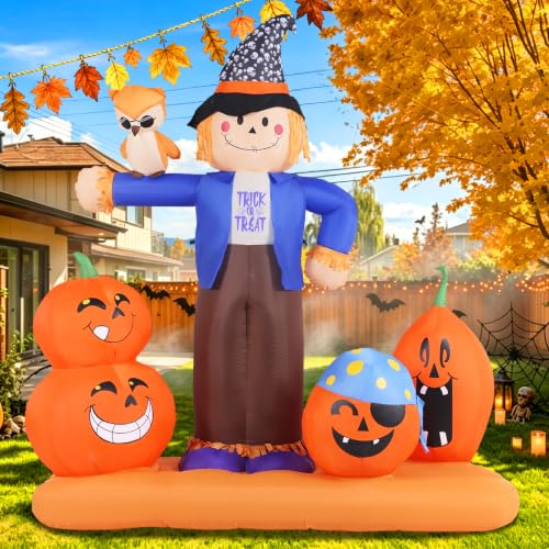 Giant Halloween Inflatable Scarecrow with Pumpkins and Owl - Outdoor Yard Decor