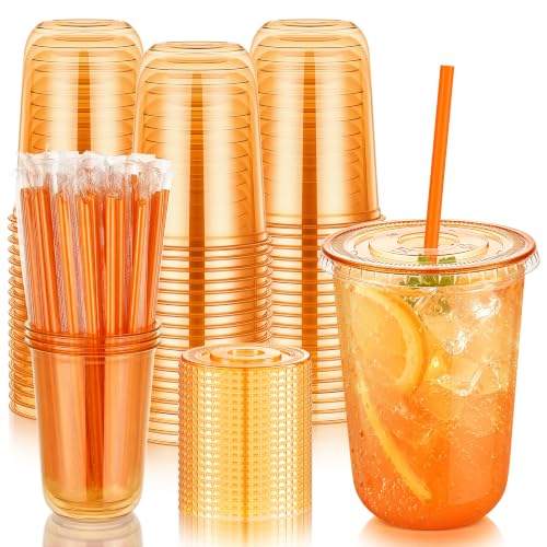 Orange Plastic Party Cups with Lids and Straws - 16oz 50 Pack - Disposable Drinkware