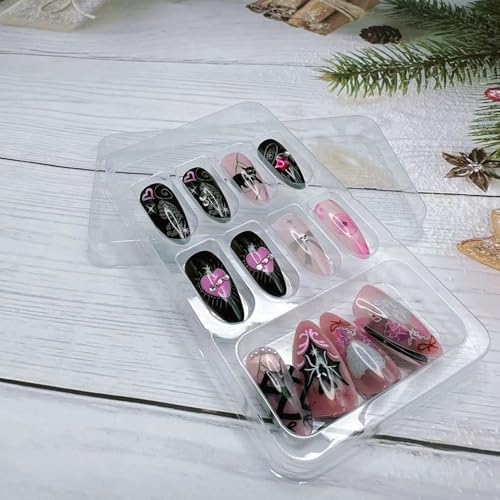 Halloween Fake Nails Set - Colorful Gothic Bat Graffiti Press On Nails, Medium Almond Shape, 24 Pieces with Glue & Tools