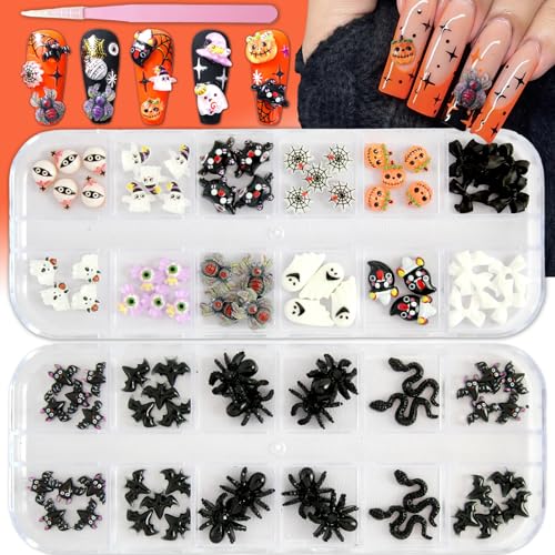 Halloween Pumpkin Bats Nail Charms Rhinestones Set - Orange, 12 Grids for DIY Nail Art