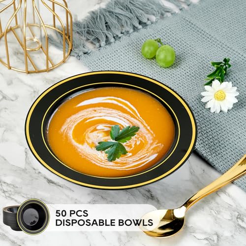 Disposable Black Soup Bowls 50 Pack - 12oz Elegant Gold Rim Design