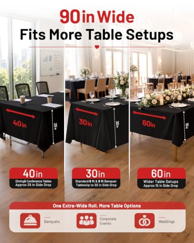 Black Plastic Table Cover Roll - 90 Inches x 1200 Inches Extra Wide Disposable Tablecloth with Variation