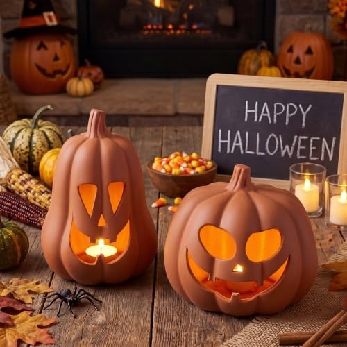 Terracotta Jack O Lantern Pumpkin Decor Set - Halloween Ghost Carved Tea Light Holders - Variation of Terracotta