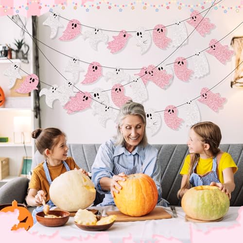 Pink Halloween Ghost Garland Banner - 8.2 ft, Glitter, 4 Pieces, Variation 4