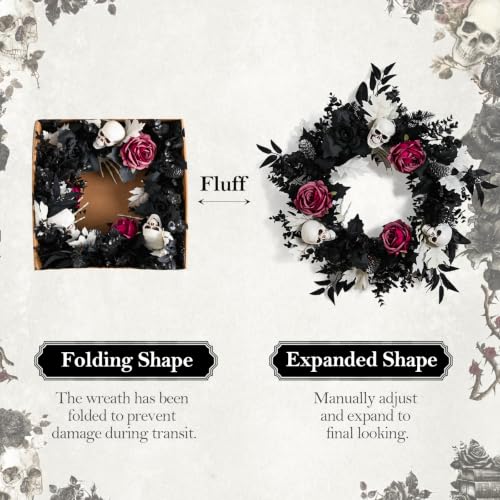 Halloween Skull Wreath for Front Door - Gothic Black & Burgundy Decor Variation: Black
