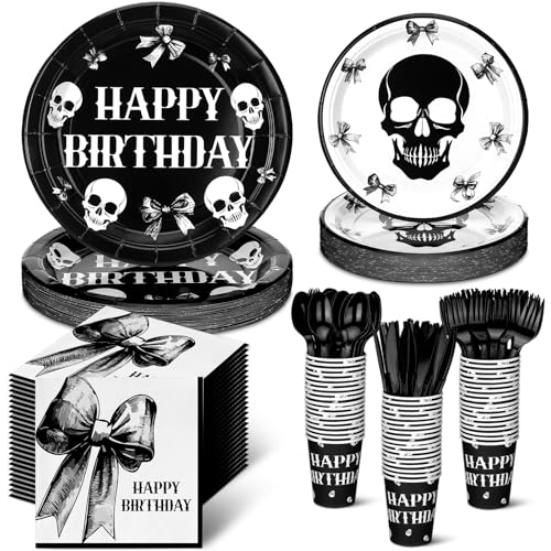 Gothic Halloween Birthday Party Tableware Set - Skeletons & Bows, 210 Pieces