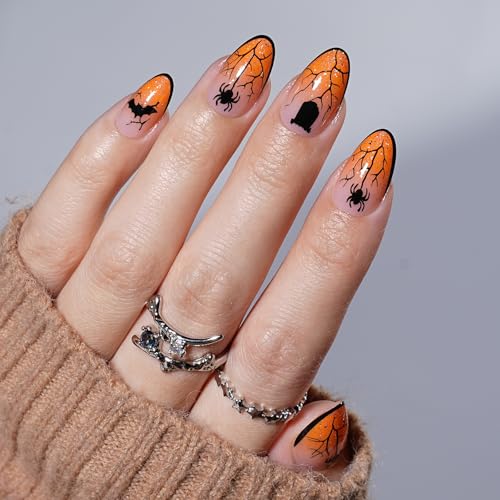 Halloween Press On Nails Short Almond Glitter Spider Design Reusable Set