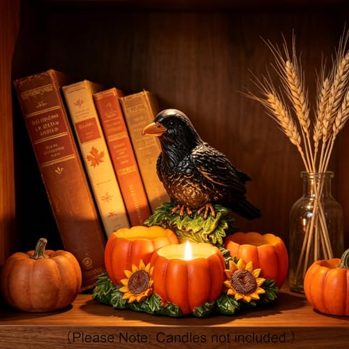 Halloween Raven Candle Holder with 3 Pumpkin Tealight Holders - Crow Candle Decor