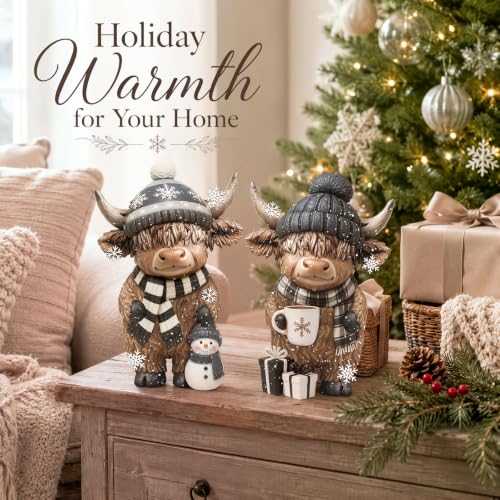 Winter Highland Cow Figurine Set - Resin Farmhouse Decor with Scarf & Hat