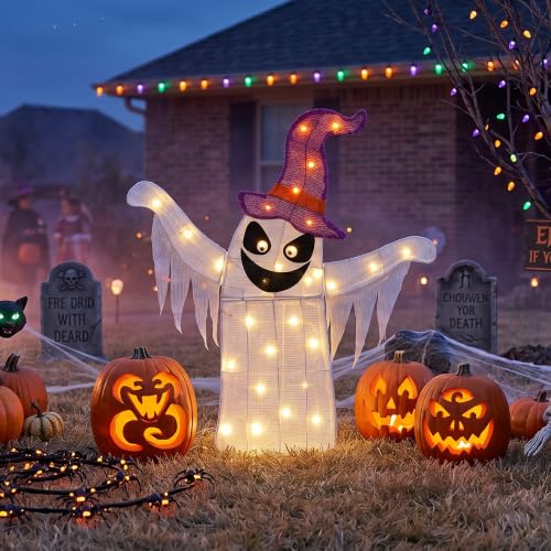 Large Lighted Halloween Ghost Decor - White Ghost, 30 Inches Indoor Outdoor