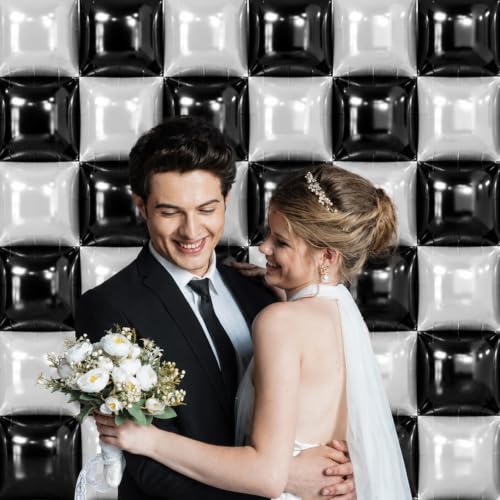 Black and Pearl White Square Foil Balloons Wall Backdrop - D03 - 48PCS