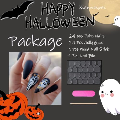 Halloween Fake Nails Press On Almond Nails Ghost Design Black Matte Full Cover