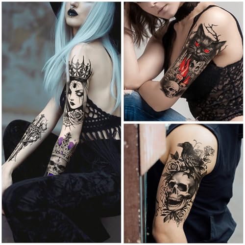 Gothic Temporary Tattoos Set - Mystery Spider Skull Designs for Adults Teens, Waterproof, 77 Sheets, Grey Variation