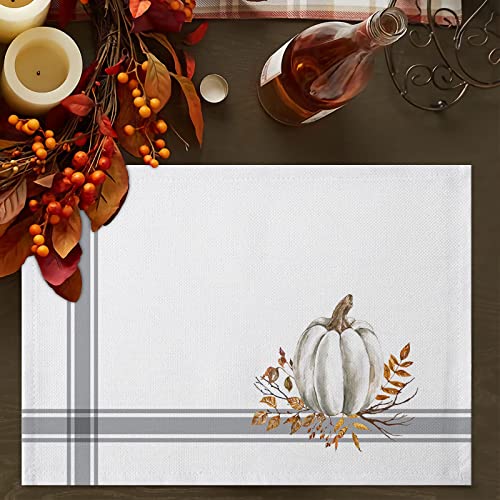Gray 6-Piece Fall Thanksgiving Placemats with White Pumpkin Leaf Design - Cotton Linen Washable Table Mats