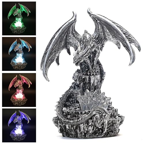 Silver Dragon Guarding Faux Crystal Light Statue with LED Glow - Fantasy Home Decor