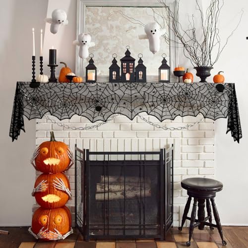 Halloween Table Runner Black Lace Spider Web 18x73 Inch Gothic Decor