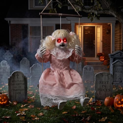 Halloween Animatronic Hanging Girl Decor - Lighted Eyes, Creepy Sounds, Indoor & Outdoor