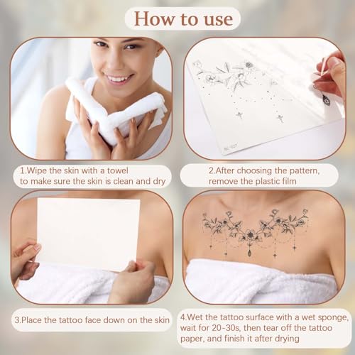 Large Waterproof Floral Moon Rose Temporary Tattoos for Women - 6 Pack
