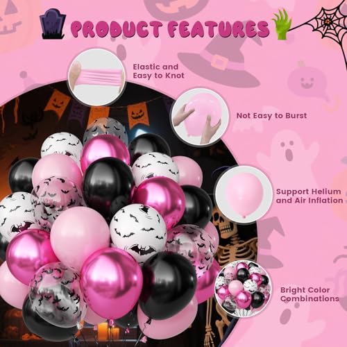 Halloween Balloons Set - Pink Black Bat Variation, 50 Pcs Spooky Party Decorations