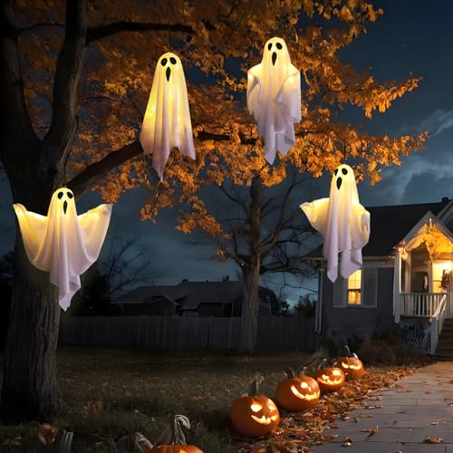 4 Pcs Halloween Hanging Ghost Decorations with Remote Control & 8 Lighting Modes