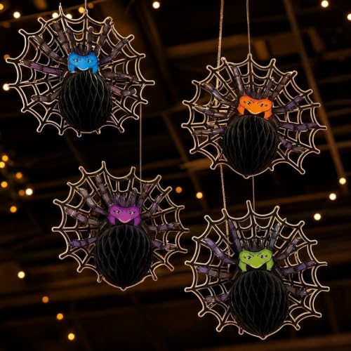 Halloween Hanging Spider Decorations Set - 4 Pcs, 3D Honeycomb Design, Adorable Spooky-Cute Faces, A19 Variation