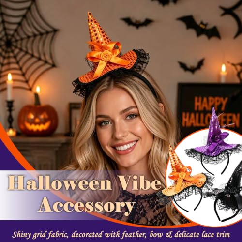 Halloween Sequin Witch Hat Headband Set with Lights - Festive Hair Accessories 3 Pcs