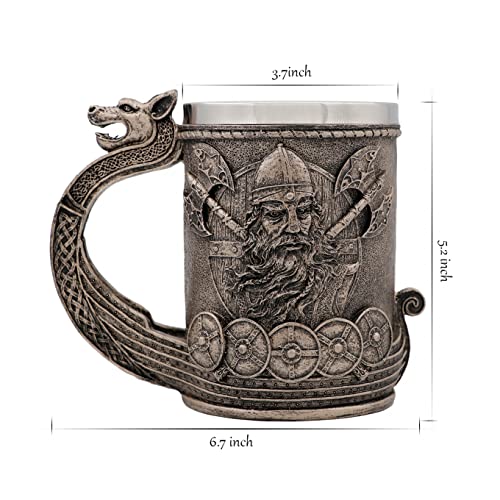 Medieval Viking Tankard Mug Drakkar Warrior Stainless Steel Beer Stein - 18OZ