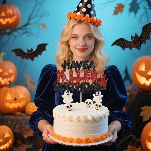 Halloween Cake Topper - Black and Red Glitter Horror Birthday Decorations