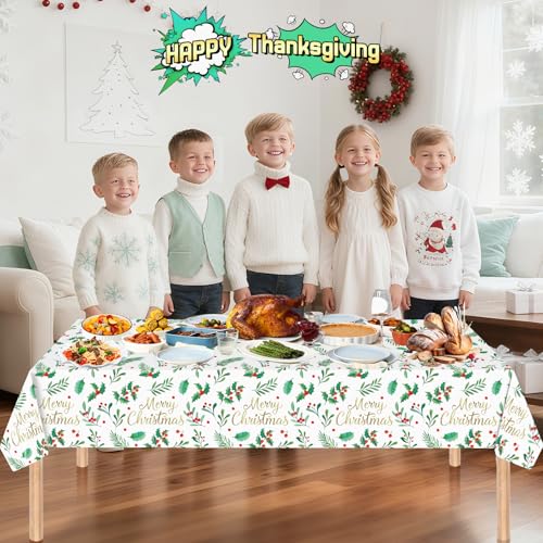 Christmas Disposable Rectangular Tablecloths 3 Pack - Holly Leaves & Red Berries, 54x108 Inch - Holiday Party Decorations