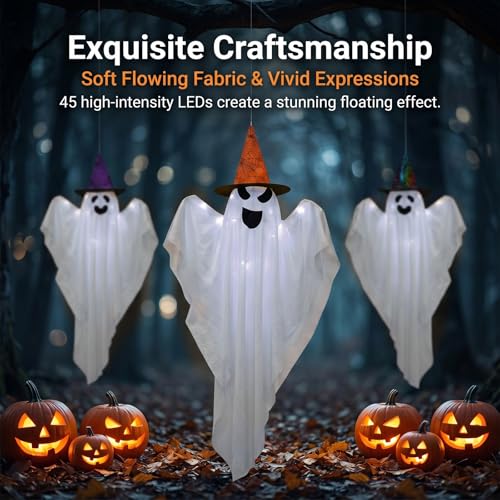 3ft Lighted Hanging Ghost Decorations with Hats - Outdoor Halloween Ghosts Set of 3 with 45 LEDs