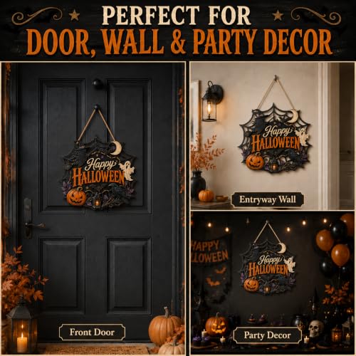 Halloween Wooden Door Sign - Haunted Ghost Witch Pumpkin Hanging Decor for Front Door
