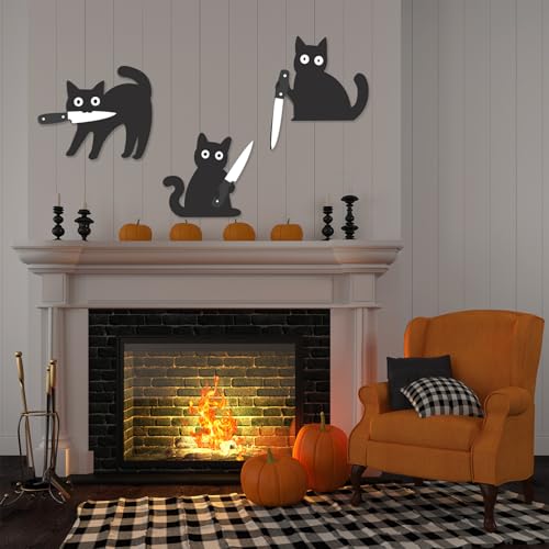 Black Cat Wooden Door Decor Set - Halloween Halloween Spooky Wall Ornaments for Home & Entryway