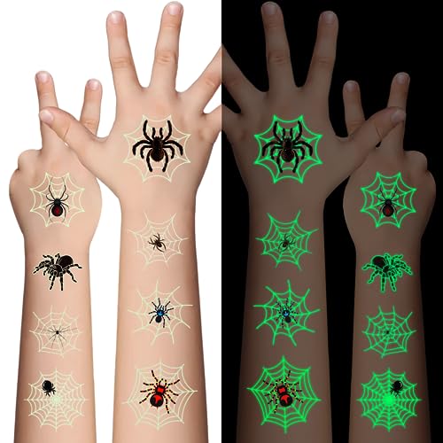 Halloween Luminous Spider Temporary Tattoos for Kids - Spider Variation - 10 Sheets Glow in Dark Web Designs