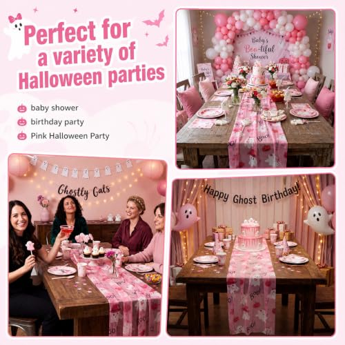 Halloween Gauze Table Runner Pink Ghost 28x118 Inches - Set of 3