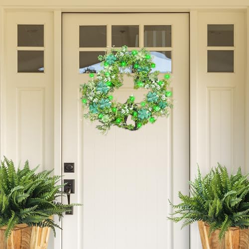 Green 15-Inch Shamrocks Wreath for St. Patrick's Day Front Door Decor - Artificial Clover Garland