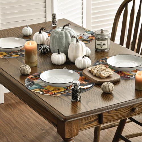 14-Inch Round Fall Pumpkin Gnomes Leaves Placemat Set of 4 - Black Variation