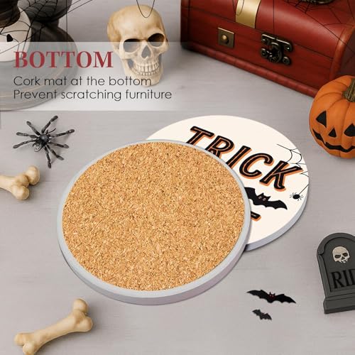 Kawaii Ghost Cat Halloween Coasters Set of 6 Ceramic Stone Drink Protectors with Cork Base