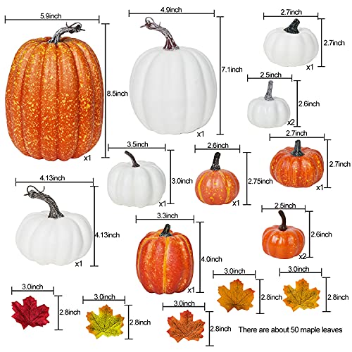 Artificial Pumpkin Set with Maple Leaves for Fall Halloween Thanksgiving Decor - 12pcs