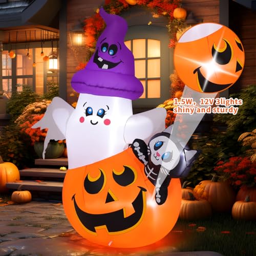 5 FT Halloween Inflatable Pumpkin Ghost Cat Yard Decor with LEDs Waterproof Outdoor Decorations