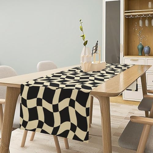 Retro Checkered Table Runner 13x36in - Vintage Black White Groovy Design with Orange Variation