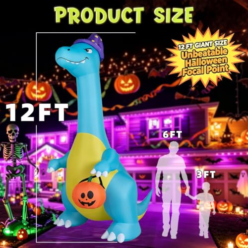 12FT Blue Dinosaur Inflatable Halloween Yard Decoration with LED Lights - Friendly Outdoor Dinosaur