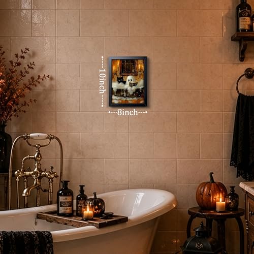 Halloween Ghost and Black Cat Wall Art - Framed 10x8 Inch Halloween Canvas Decor